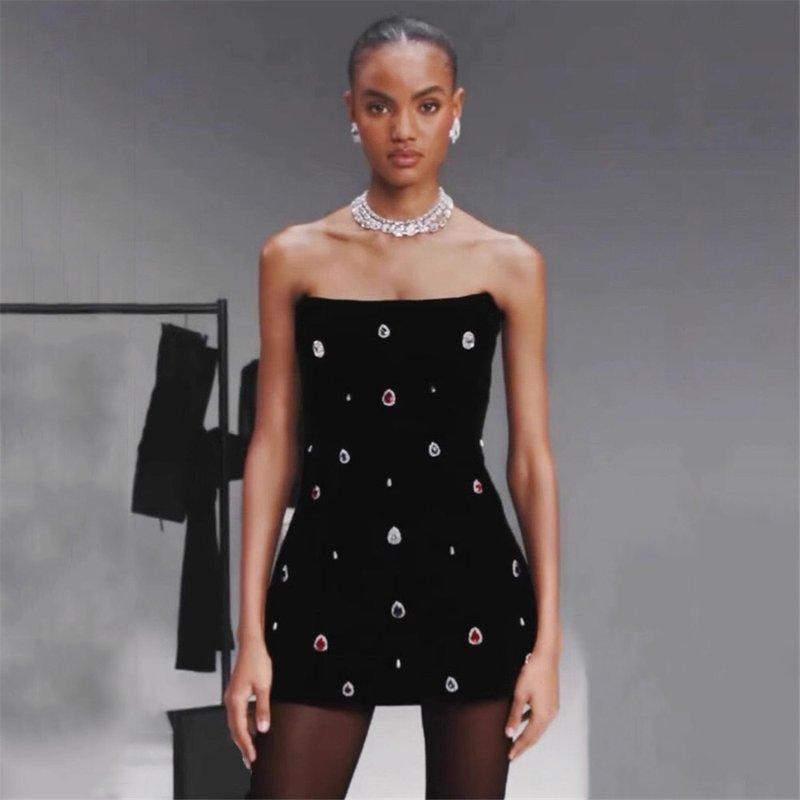 Strapless Embellished Black Mini Dress H6657