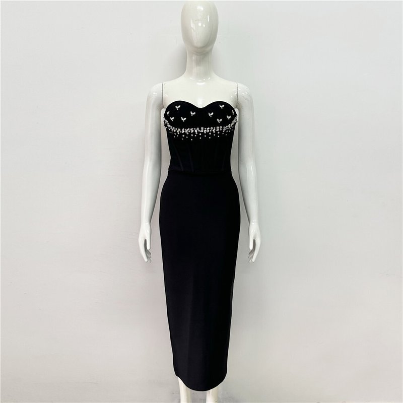 Strapless Embellished Heart Bodice Midi Dress H6483