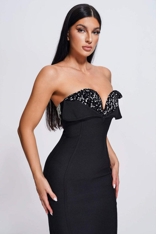 Strapless Embellished Ruffle Bandage Midi Dress H6249