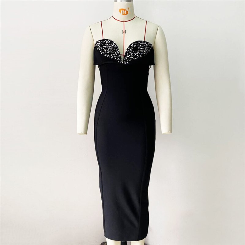 Strapless Embellished Ruffle Bandage Midi Dress H6249