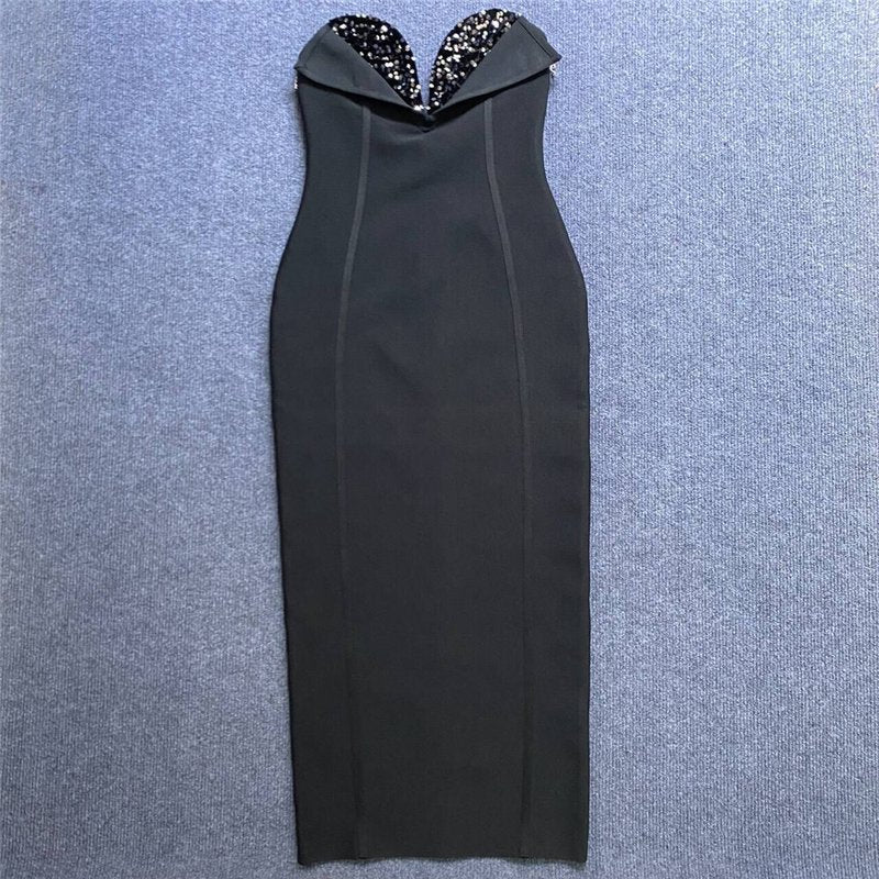 Strapless Embellished Ruffle Bandage Midi Dress H6249