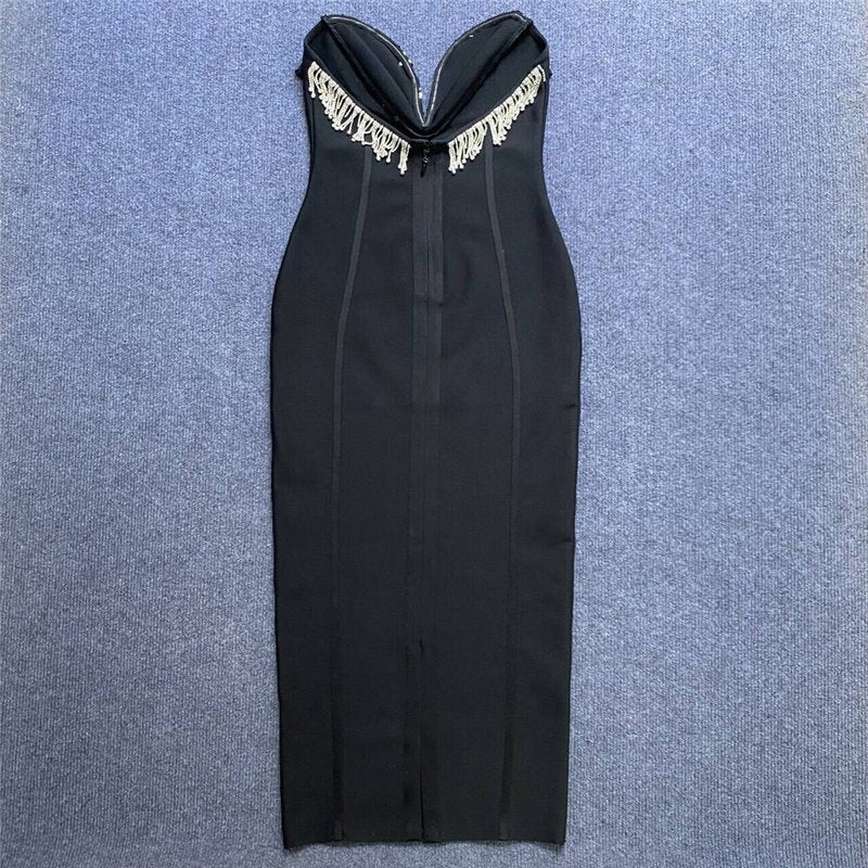 Strapless Embellished Ruffle Bandage Midi Dress H6249