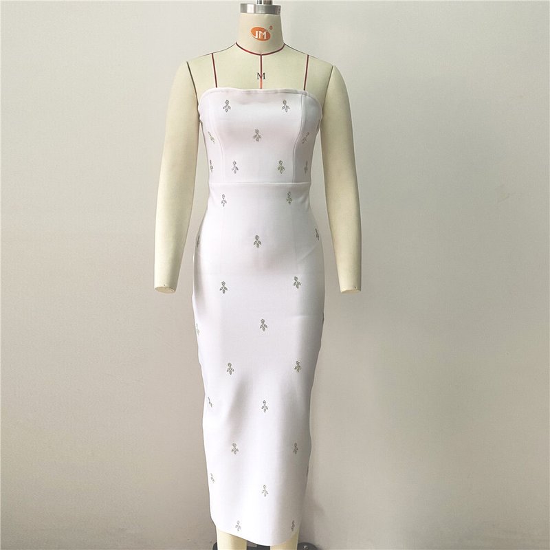 Strapless Embellished White Midi Dress H6247