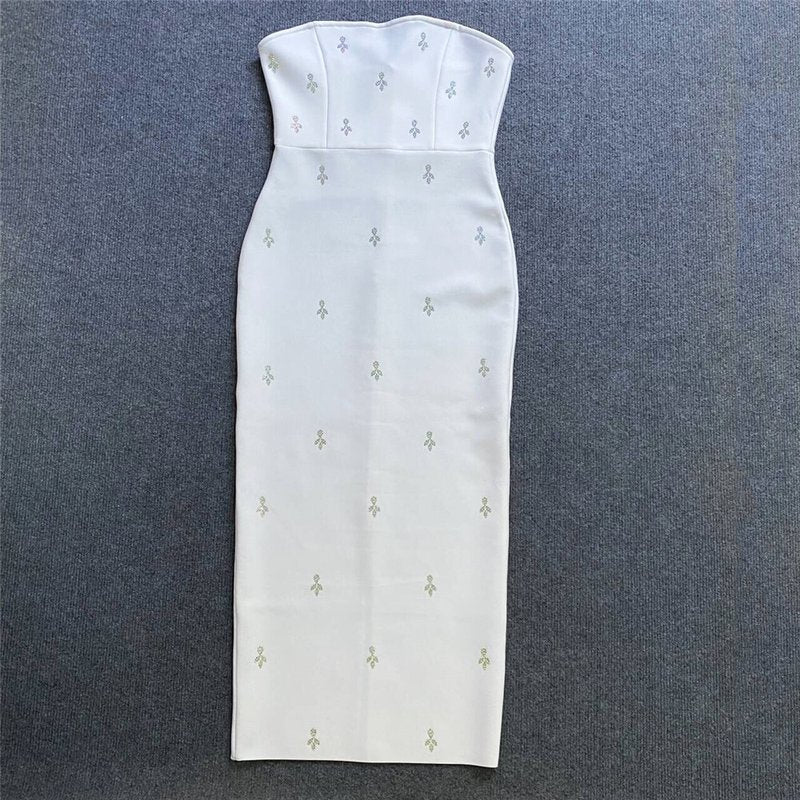 Strapless Embellished White Midi Dress H6247