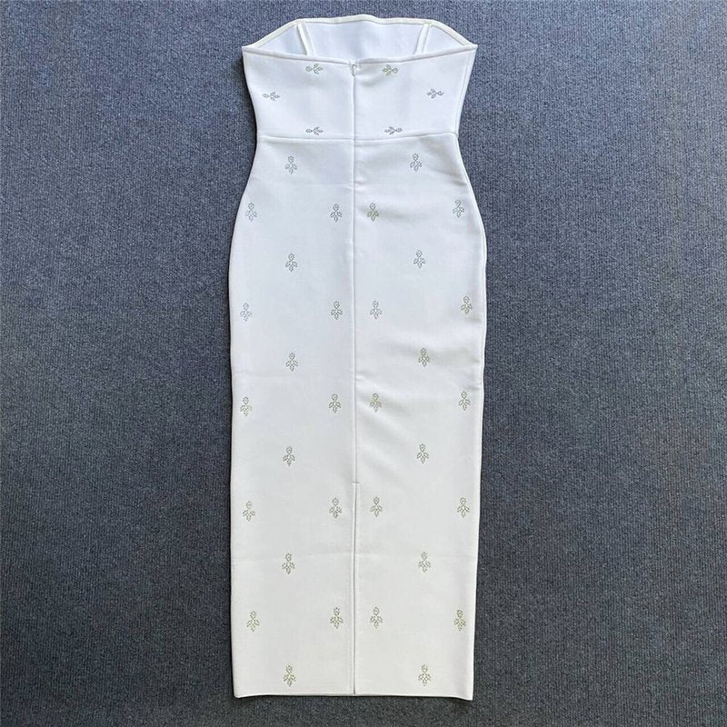 Strapless Embellished White Midi Dress H6247