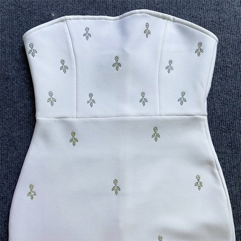Strapless Embellished White Midi Dress H6247