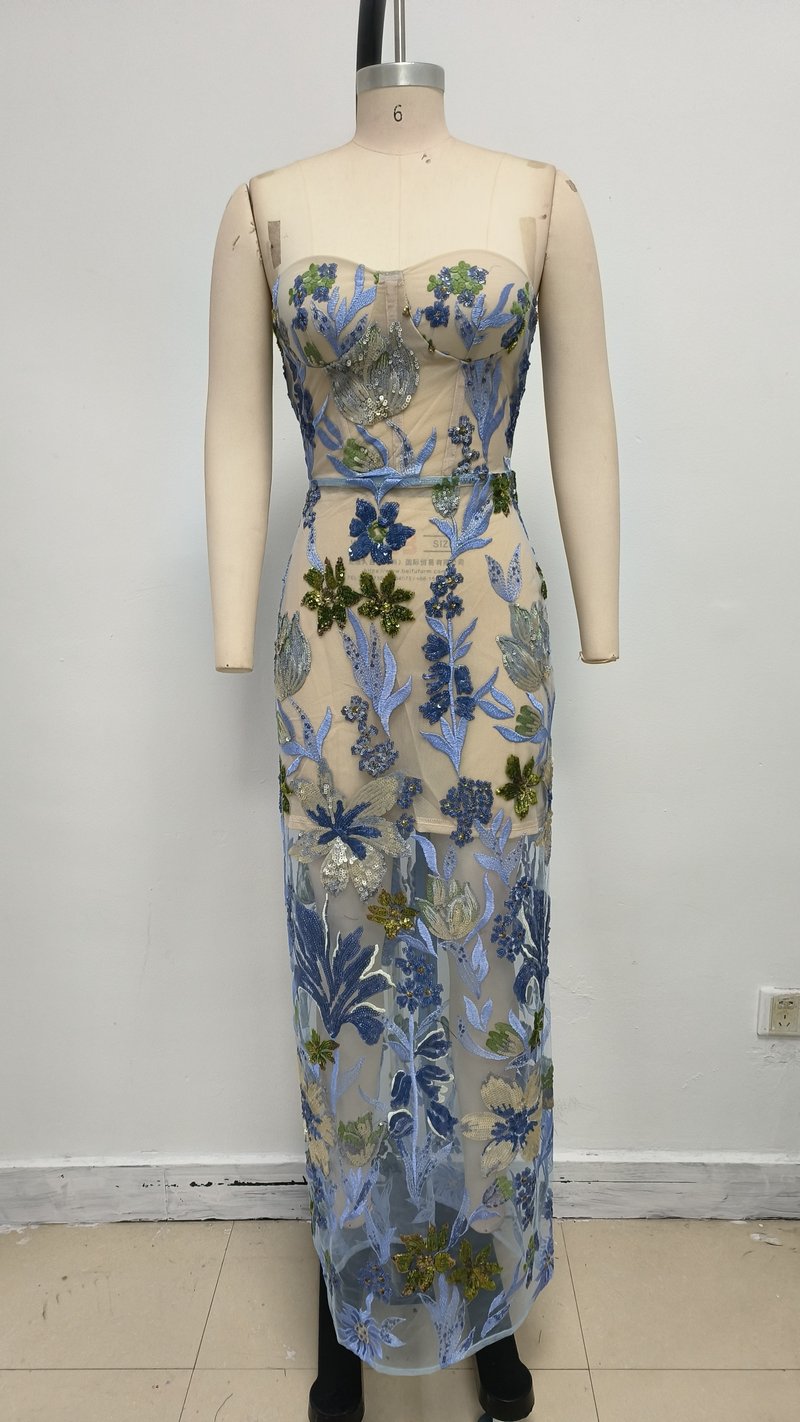Strapless Embroidered Floral Maxi Dress H6762