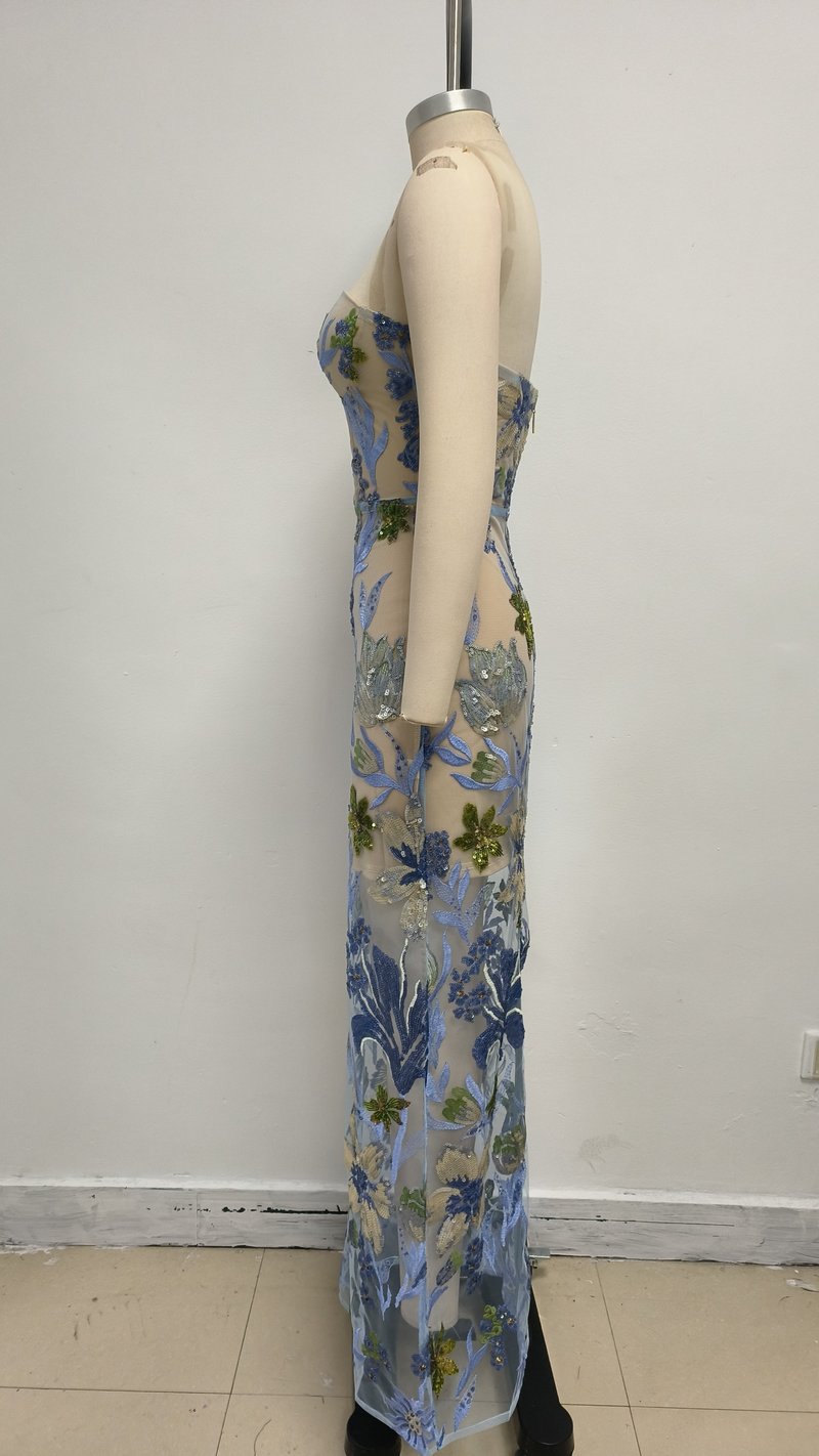 Strapless Embroidered Floral Maxi Dress H6762