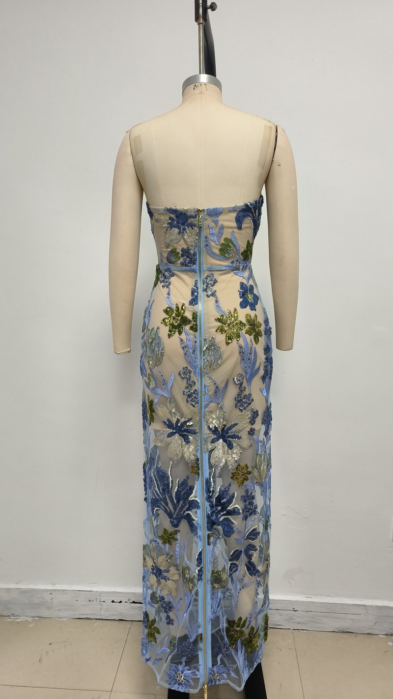 Strapless Embroidered Floral Maxi Dress H6762