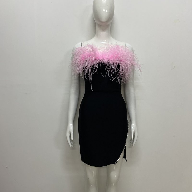 Strapless Feather Black Mini Dress H5429