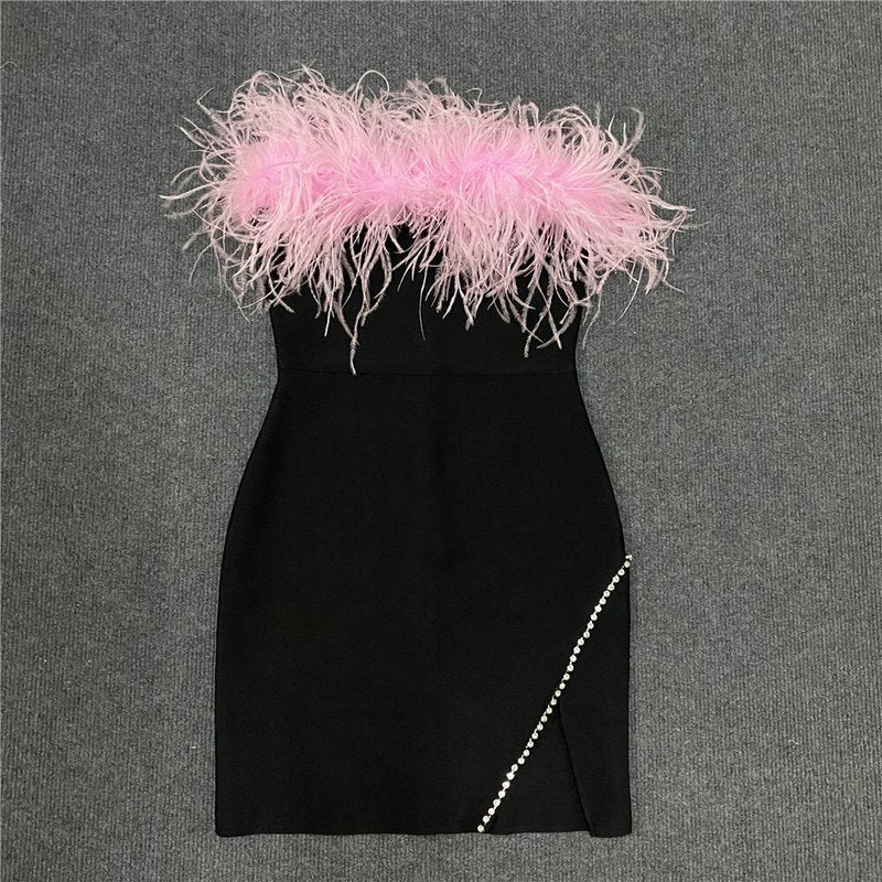 Strapless Feather Black Mini Dress H5429