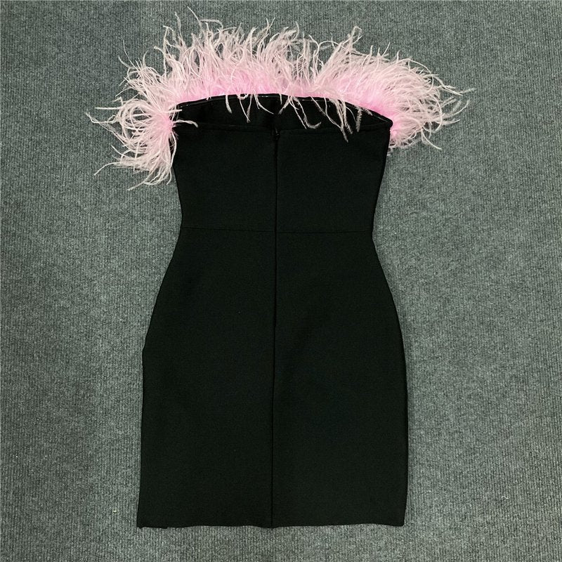 Strapless Feather Black Mini Dress H5429