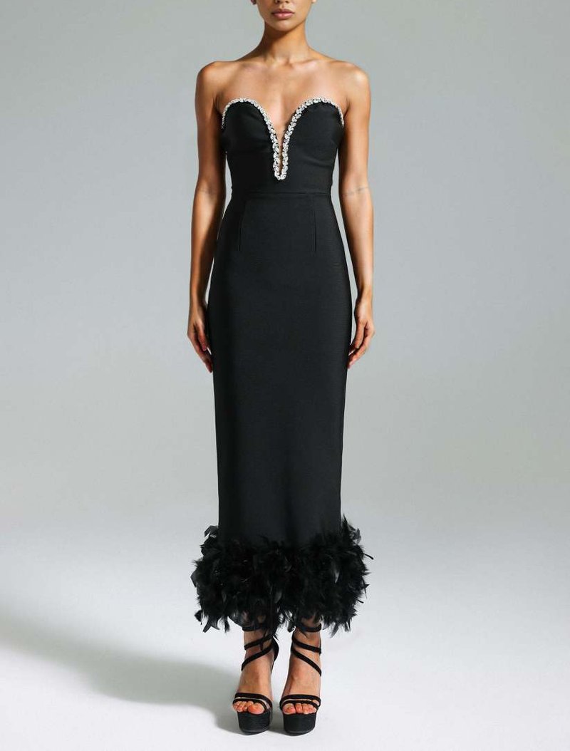 Strapless Feather Hem Midi Dress H6403