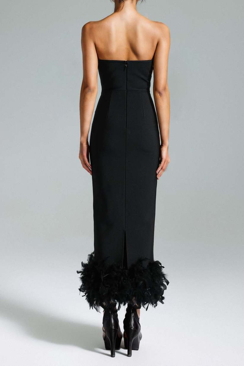Strapless Feather Hem Midi Dress H6403