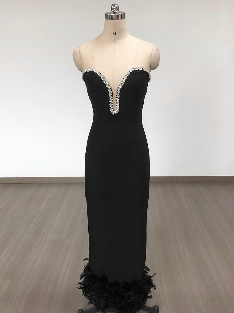 Strapless Feather Hem Midi Dress H6403