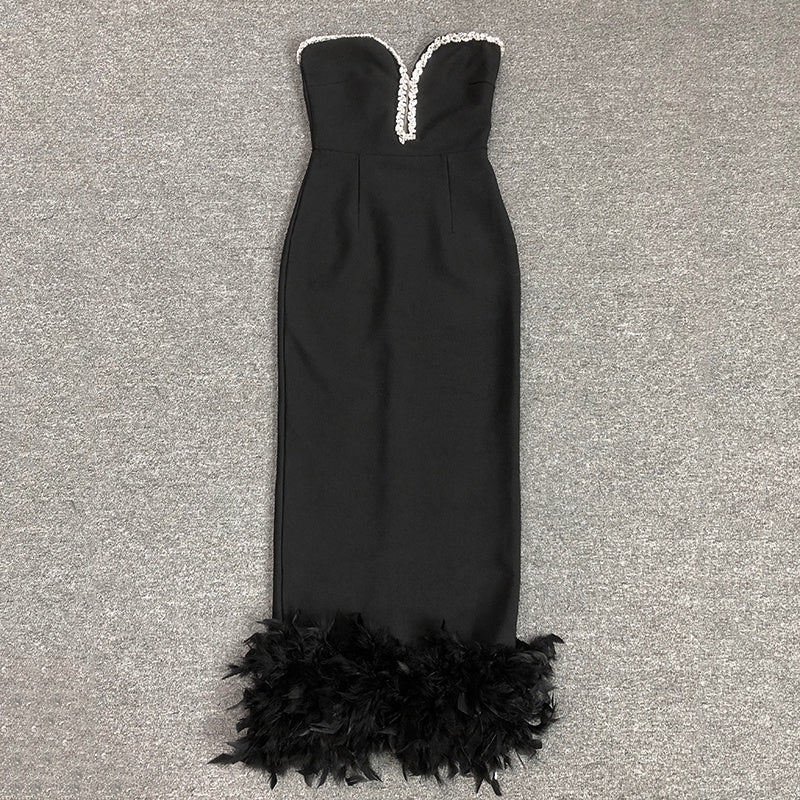 Strapless Feather Hem Midi Dress H6403