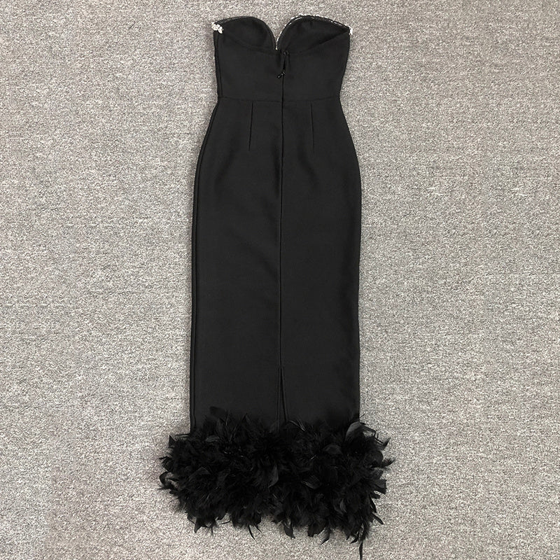 Strapless Feather Hem Midi Dress H6403