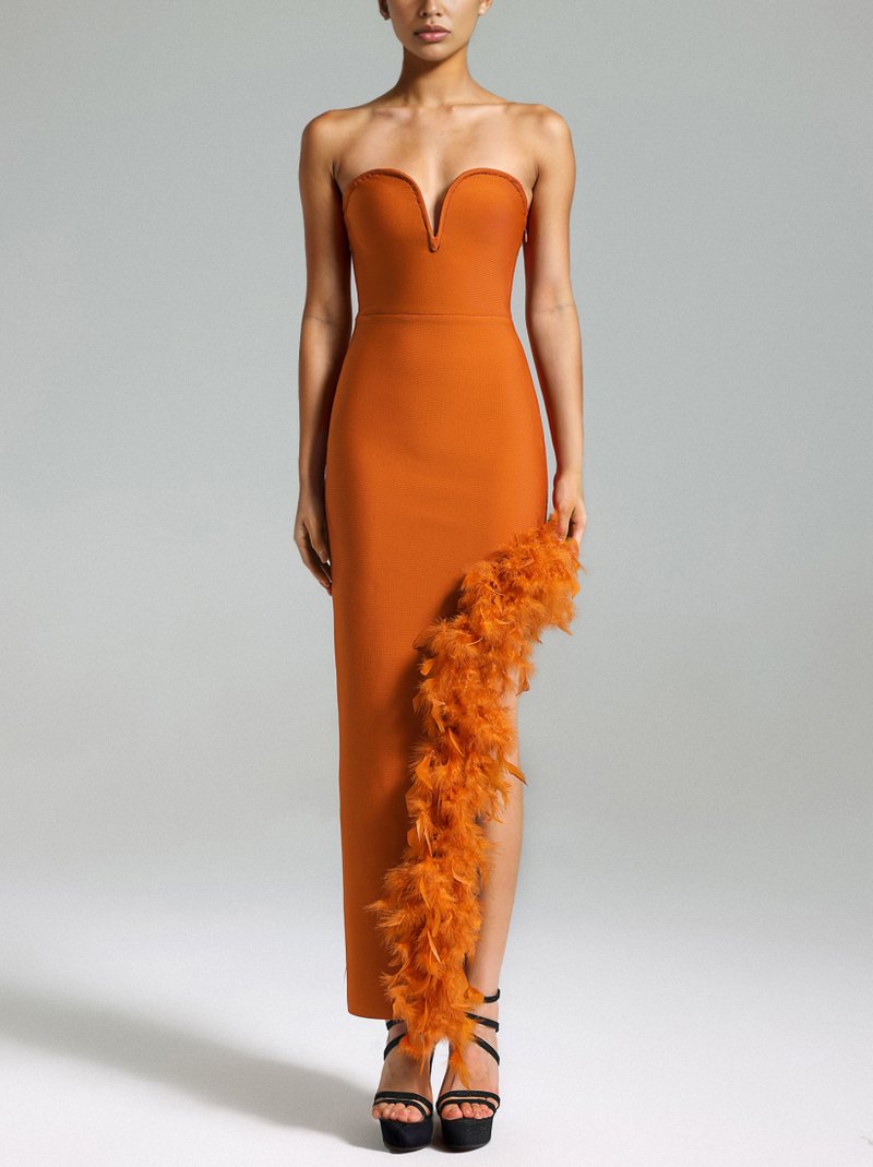 Strapless Feather Side Slit Midi Dress H6397
