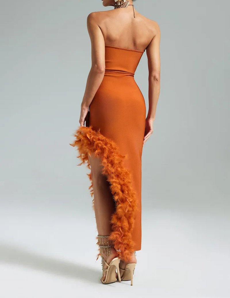 Strapless Feather Side Slit Midi Dress H6397