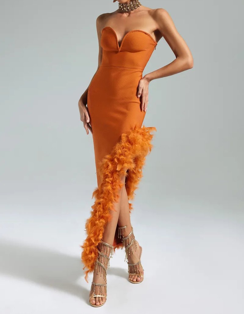 Strapless Feather Side Slit Midi Dress H6397