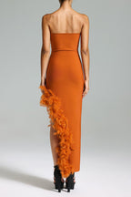 Strapless Feather Side Slit Midi Dress H6397