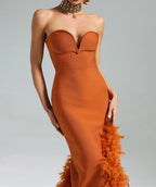 Strapless Feather Side Slit Midi Dress H6397