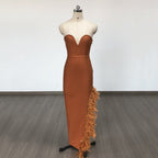 Strapless Feather Side Slit Midi Dress H6397