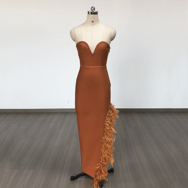 Strapless Feather Side Slit Midi Dress H6397