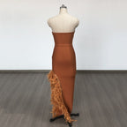 Strapless Feather Side Slit Midi Dress H6397