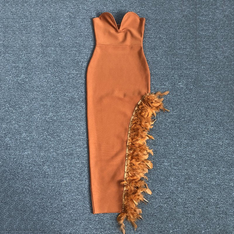 Strapless Feather Side Slit Midi Dress H6397
