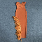 Strapless Feather Side Slit Midi Dress H6397