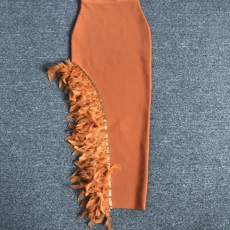 Strapless Feather Side Slit Midi Dress H6397