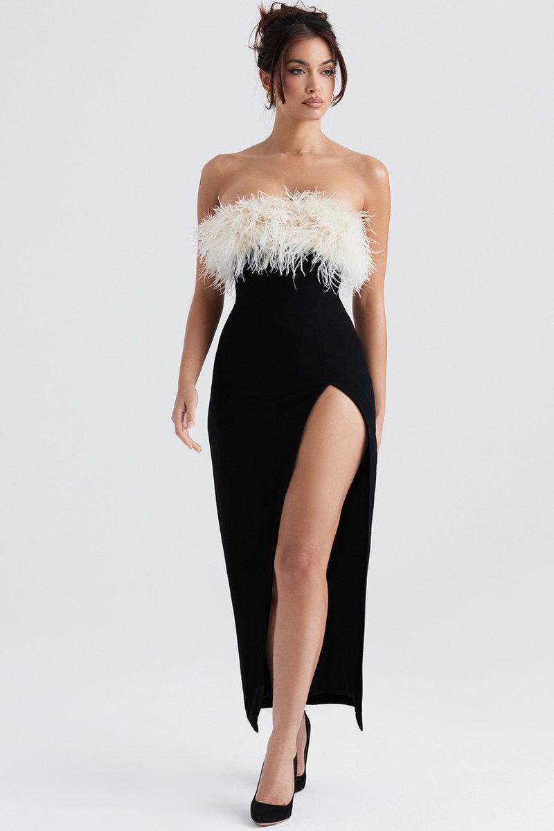 Strapless Feather Trim Slit Maxi Dress H6421