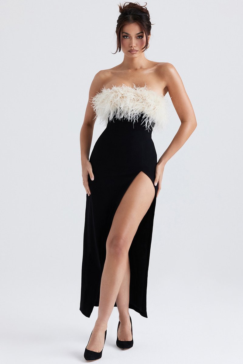 Strapless Feather Trim Slit Maxi Dress H6421