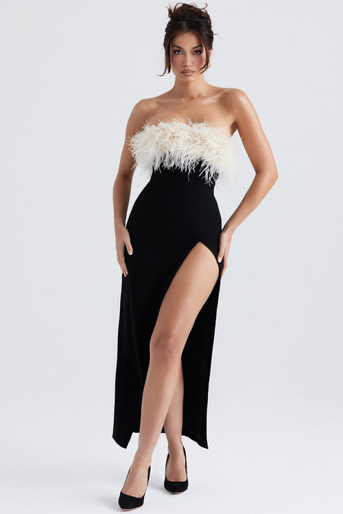 Strapless Feather Trim Slit Maxi Dress H6421