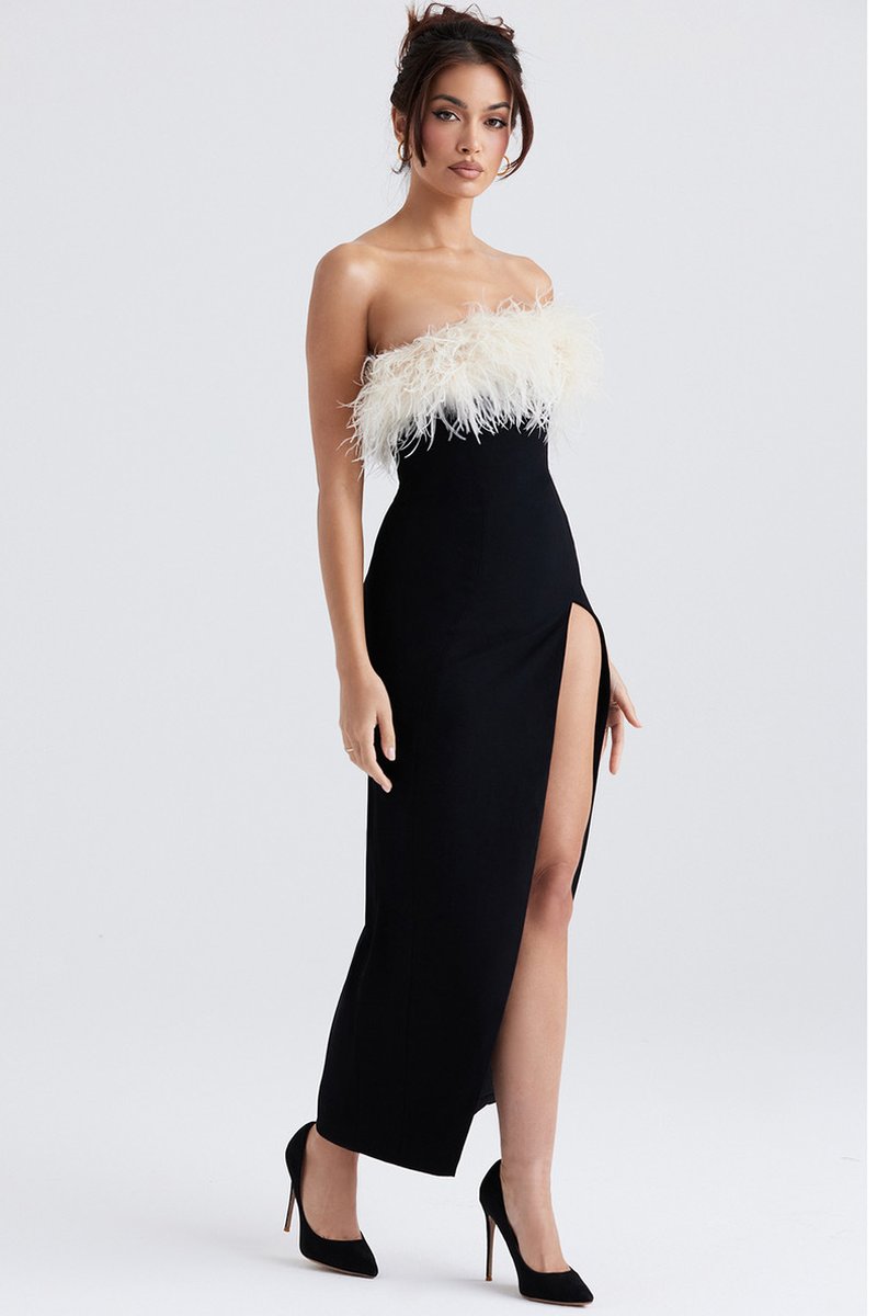 Strapless Feather Trim Slit Maxi Dress H6421