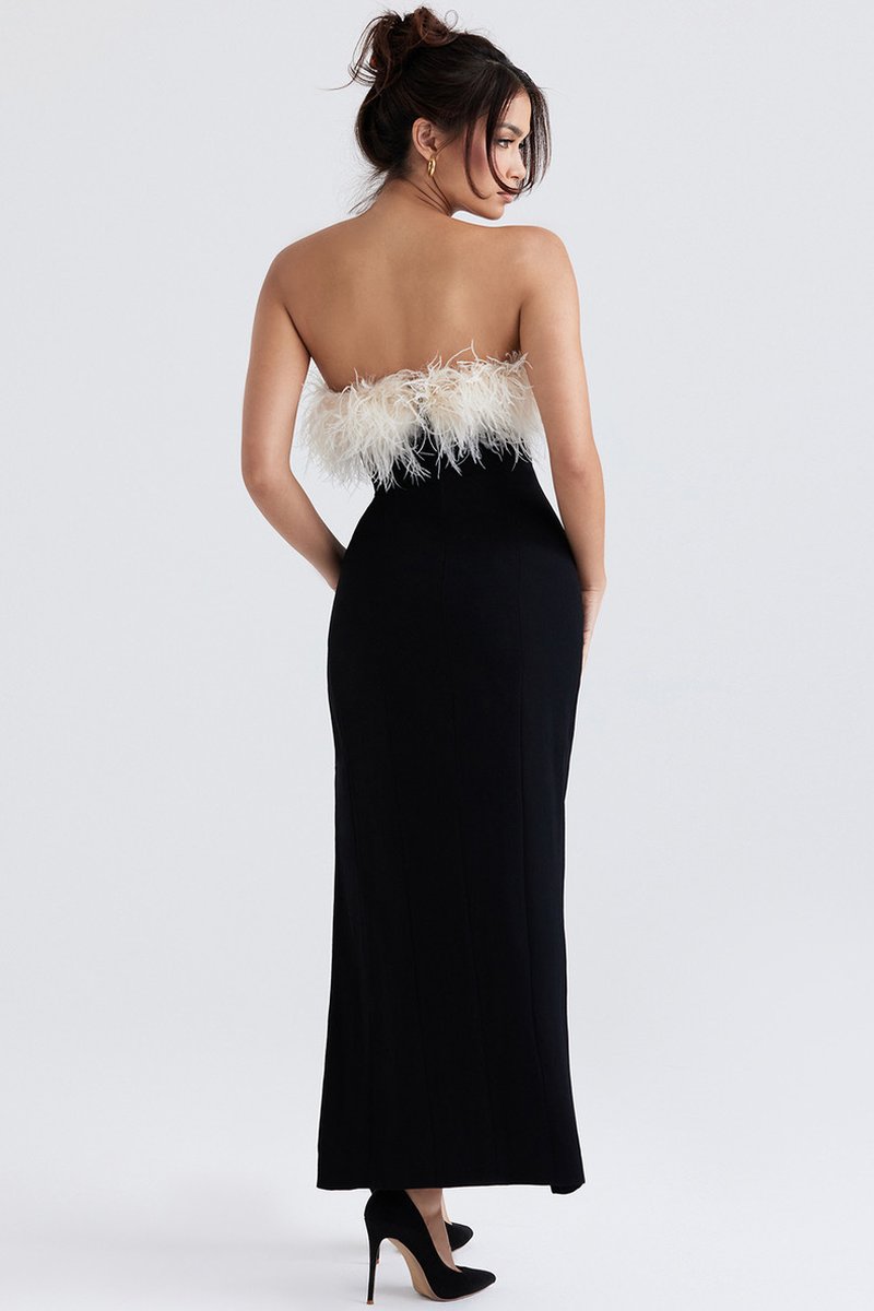 Strapless Feather Trim Slit Maxi Dress H6421