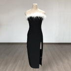 Strapless Feather Trim Slit Maxi Dress H6421