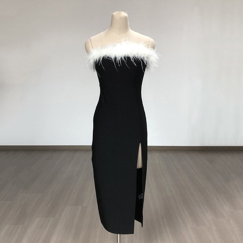 Strapless Feather Trim Slit Maxi Dress H6421