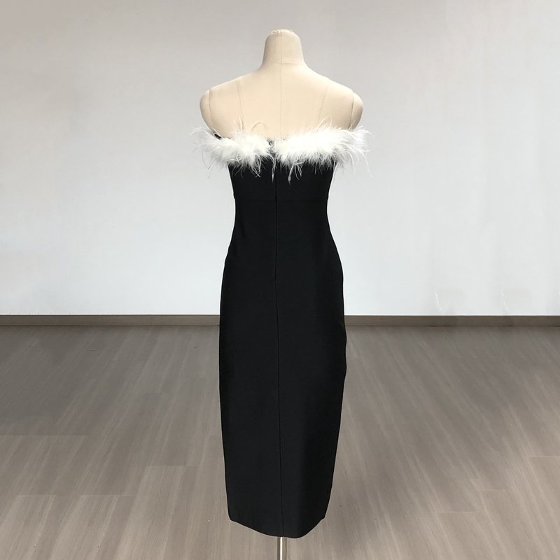 Strapless Feather Trim Slit Maxi Dress H6421