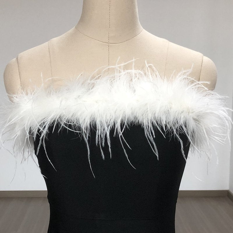 Strapless Feather Trim Slit Maxi Dress H6421