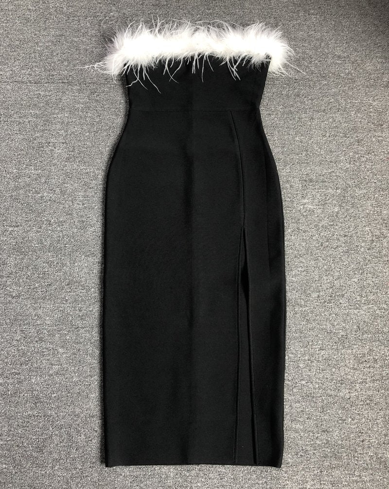 Strapless Feather Trim Slit Maxi Dress H6421