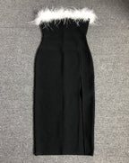 Strapless Feather Trim Slit Maxi Dress H6421