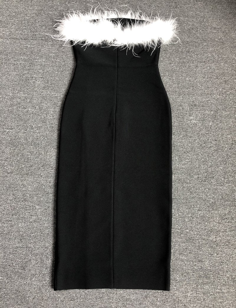 Strapless Feather Trim Slit Maxi Dress H6421