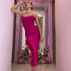 Strapless Feathered Pink Midi Dress H5439