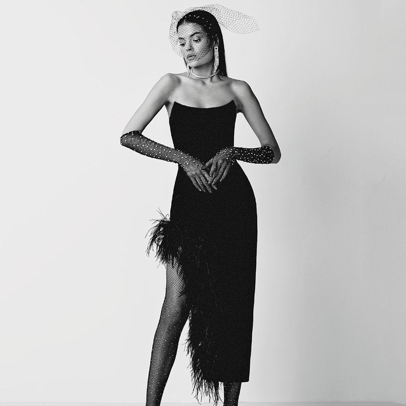 Strapless Feathered Pink Midi Dress H5439