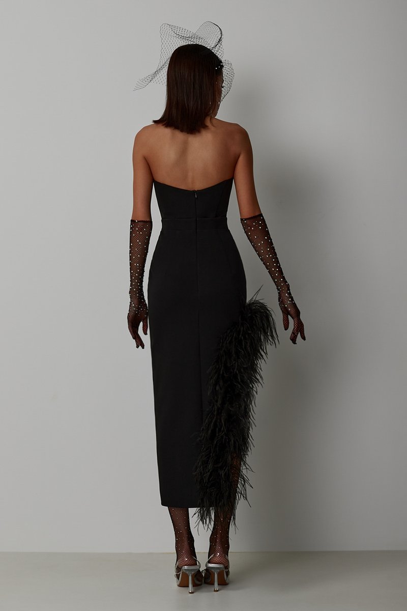 Strapless Feathered Pink Midi Dress H5439