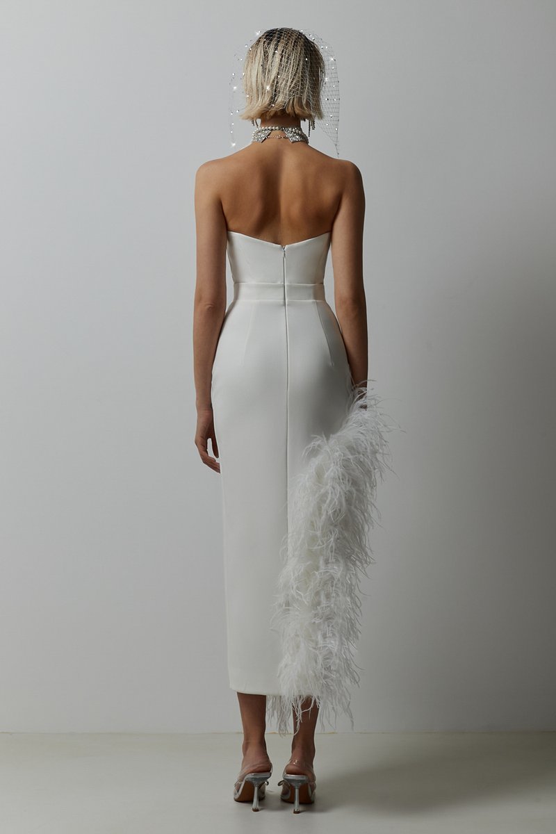 Strapless Feathered Pink Midi Dress H5439