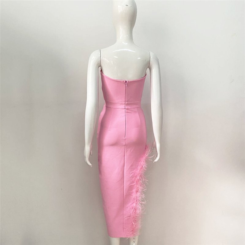 Strapless Feathered Pink Midi Dress H5439