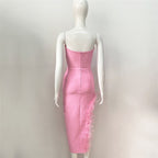 Strapless Feathered Pink Midi Dress H5439